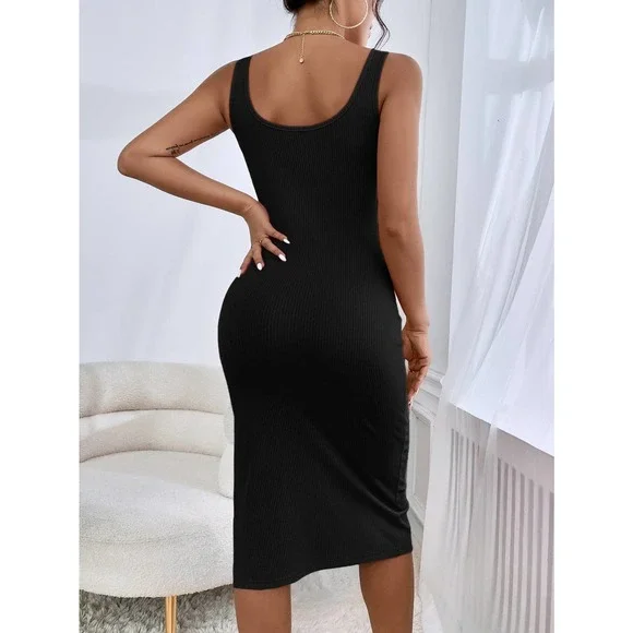 Square neck Ribbed Knit Split Thigh Tank midi Dress light purple lilac - Picture 4 of 15